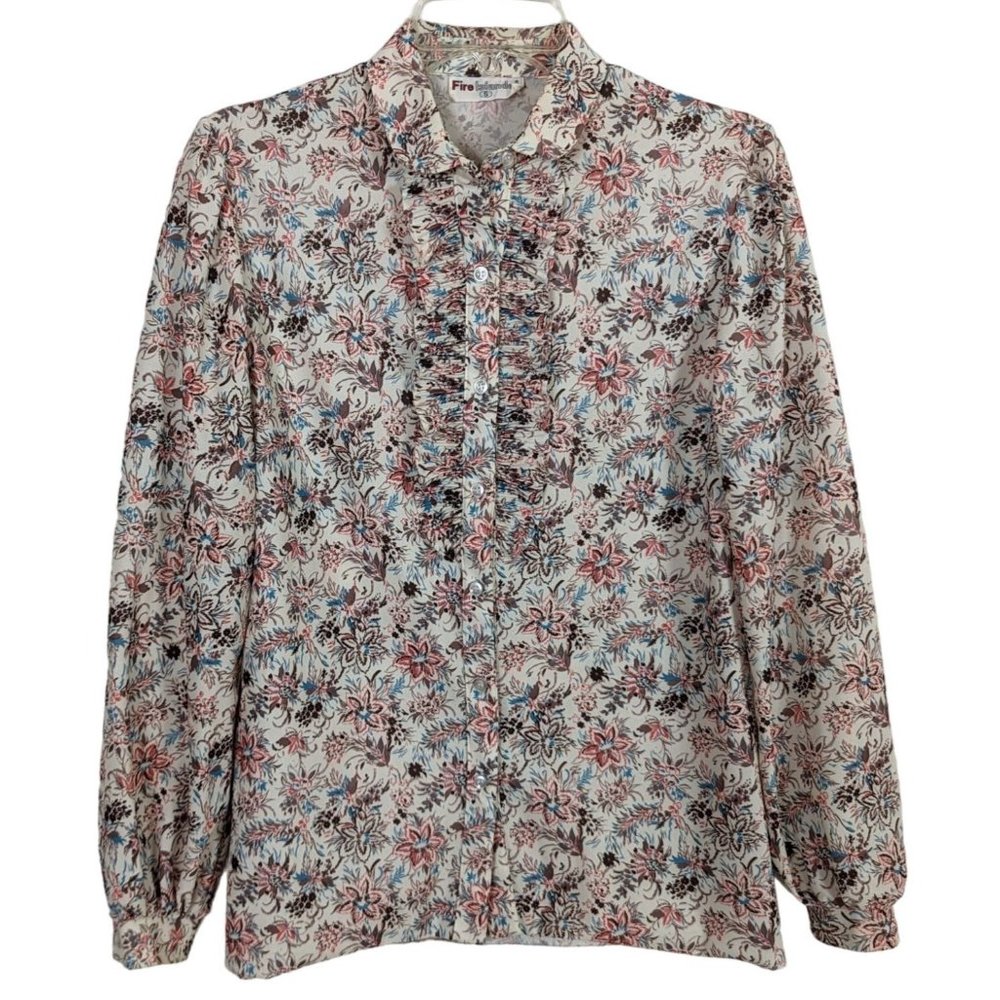 Vintage Fire Islander long sleeve button up ruffled front floral blouse size S‎